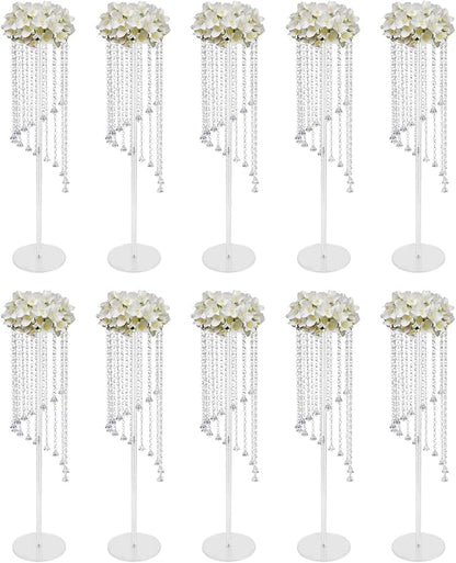 10 Pcs Acrylic Column Flower Stand with Chandelier Crystals, Clear Acrylic Tall Vases Fancy Metal Vase Stand for Weddings and Parties 7.87 x 7.87 x 31.5 Inch