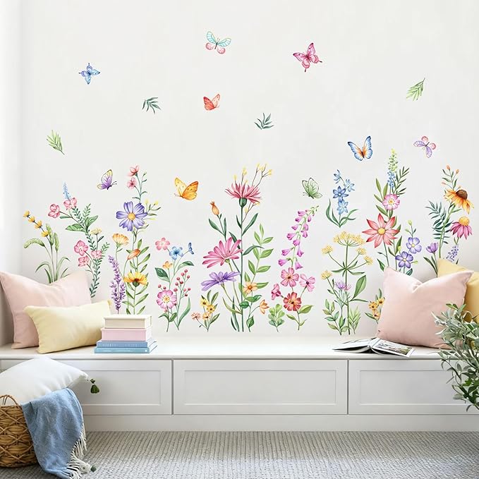 Flower Wall Decals Watercolor Wildflower Grass Butterflies Wall Stickers Peel and Stick Vinyl Decal for Girls Bedroom Living Room Home Office