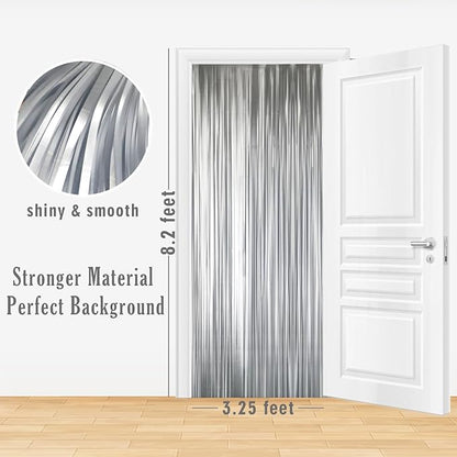 GOER 3.2 ft x 8.2 ft Metallic Tinsel Foil Fringe Curtains Party Photo Backdrop Party Streamers for Birthday,Graduation,New Year Eve Decorations Wedding Decor (1 Pack,Matte Silver,Thick Material)