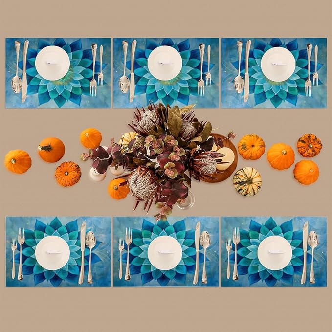 Teal Flower Mandala Placemats Set of 1 PVC Vinyl Non Slip Table Mats Waterproof Heat Resistant Place Mats Washable Wipeable Dining Table Mat for Kitchen Party Indoor Outdoor Decorative
