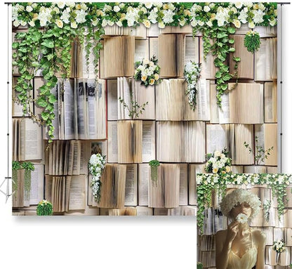 10x8ft Book Backdrop Flower Garlend Book Pages Wedding Party Photo Background Kids Birthday Party Woman Weeding Banner Baby Shower Photoshoot Booth Props KUBDJ734