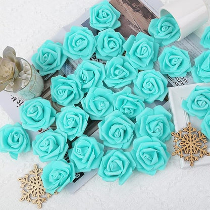 Artificial Rose Flower Heads, 100pcs Teal Green Roses Artificial Flower Foam Rose for DIY Wedding Bouquets Centerpieces Arrangements Party Baby Shower Home Decor (Stemless,Teal Green)