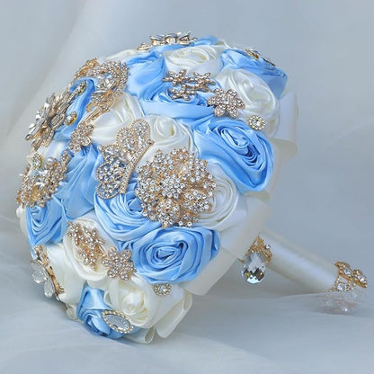 Handmade Satin Rose Floral Bling Pearl Decor Bridal Wedding Bouquet Rhinestone Pendant Artificial Brooch Flowers for Bride Bridesmaid Quinceanera