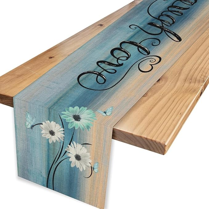 Daisy Table Runner, Vintage Blue Style Wild Flower Table Decor for Home Kitchen Dining Patio Holiday Party Indoor Outdoor Table Decorations 13x36 inch