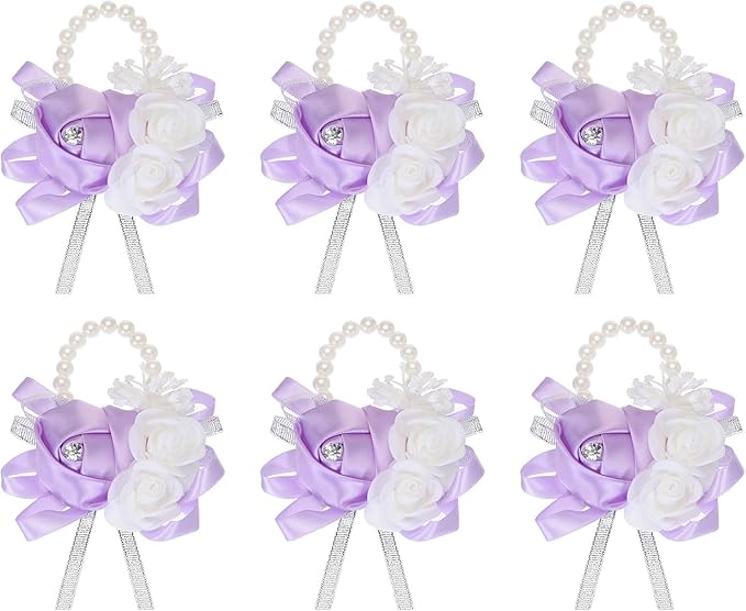 MECCANIXITY 6Pcs Wrist Corsage Artificial Flower Bracelets Rose Wrist Bride Groom Decorative for Wedding Ceremony Prom Party Anniversary Light Purple