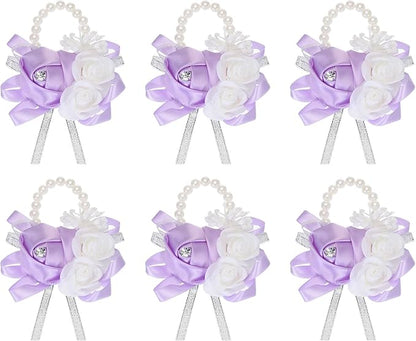 MECCANIXITY 6Pcs Wrist Corsage Artificial Flower Bracelets Rose Wrist Bride Groom Decorative for Wedding Ceremony Prom Party Anniversary Light Purple