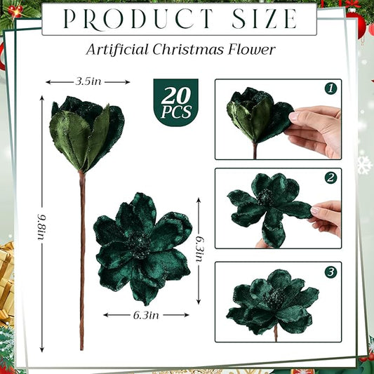 20 Pcs Christmas Glitter Poinsettia Magnolia Flowers Ornaments Large Heads Artificial Magnolia Flowers for Christmas Tree Xmas Wreath Holiday Wedding Decor(Green)