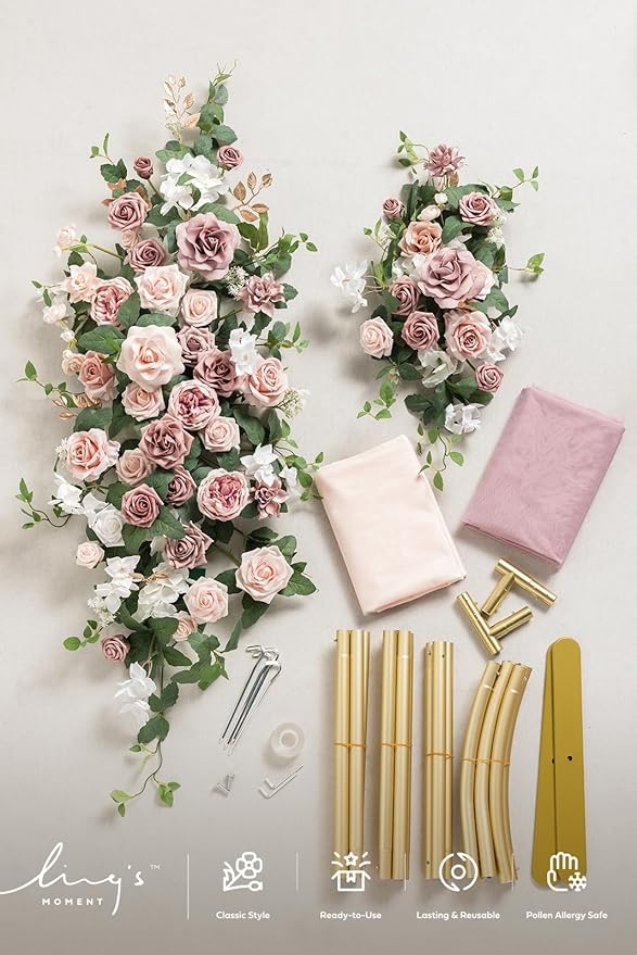 Ling's moment Wedding Arch Backdrop Stand with Flowers - 7.2FT Metal Arch Frame with Drapes for Ceremony Decor - Artificial Floral Birthday Party, Bridal Shower, Outdoor Garden, Pink Dusty Rose, Gold