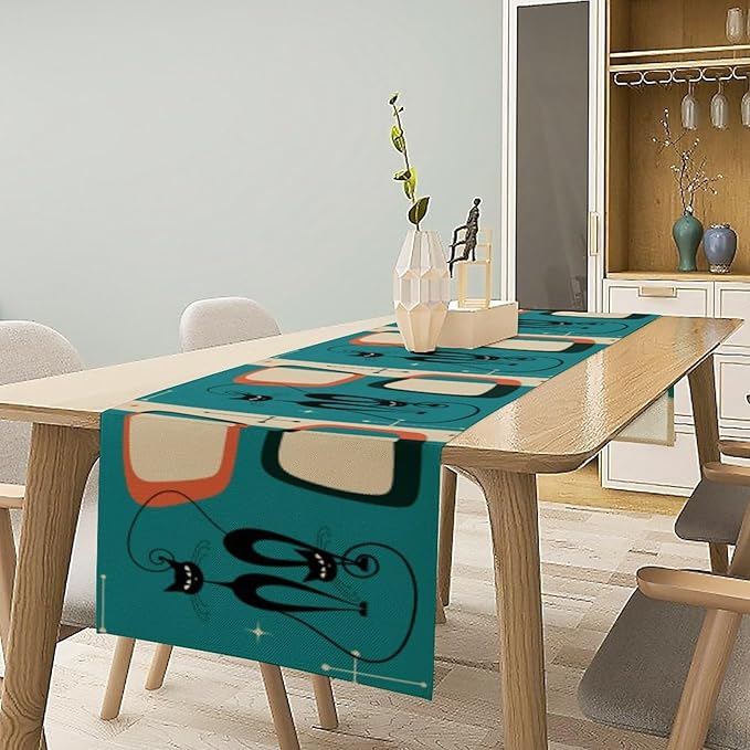 Mid Century Modern Black Cat Table Runner,Table Runners for Kitchen Dining Modern Tables Decor Decoration for Kitchen Family Dinner Table Holiday Party Farmhouse 13 x 70 Inch Blue