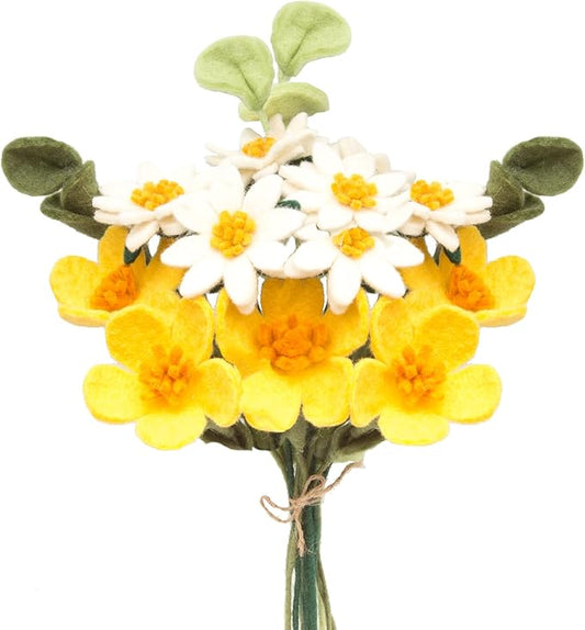 Glaciart One Felt Artificial Flowers Bouquet - 13 pcs | Reusable, Washable and Essential Oil Ready w/Bendable Wire Stem | Great as Gift and Home or Event Decorations