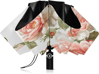 Automatic Folding Umbrella Windproof Strong, UV Protection Compact Floral Hydrangea Hummingbird Sun Rain Sun Rain Travel Umbrellas for Women Men