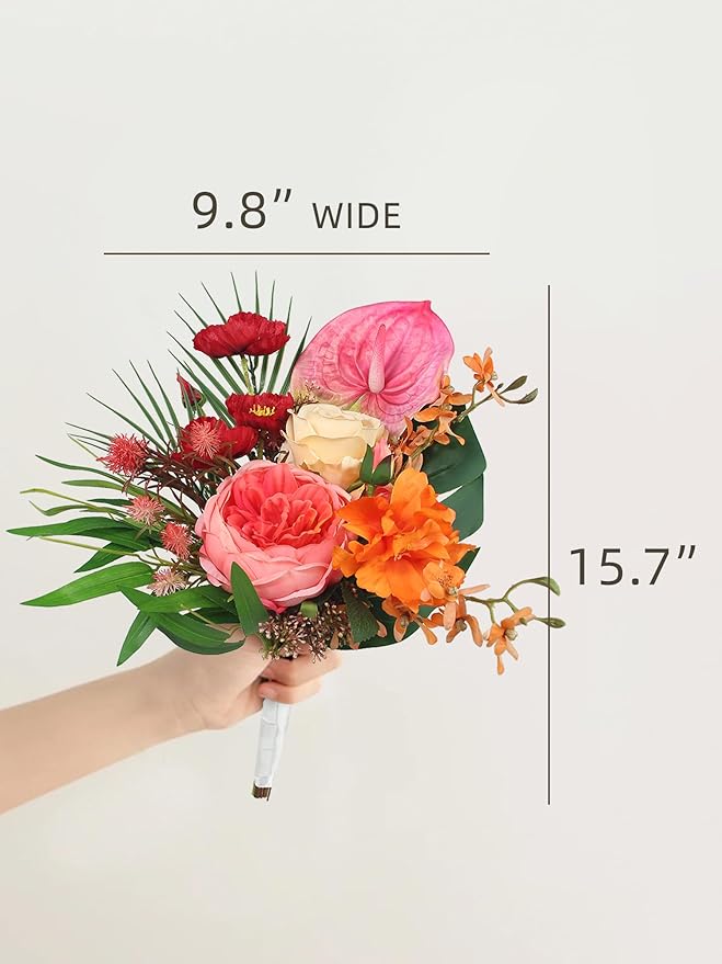Rinlong 1Pc Tropical Flowers Wedding Bouquets for Bridesmaids Bride Orange Pink Bridesmaid Bridal Bouquet for Beach Wedding Prom