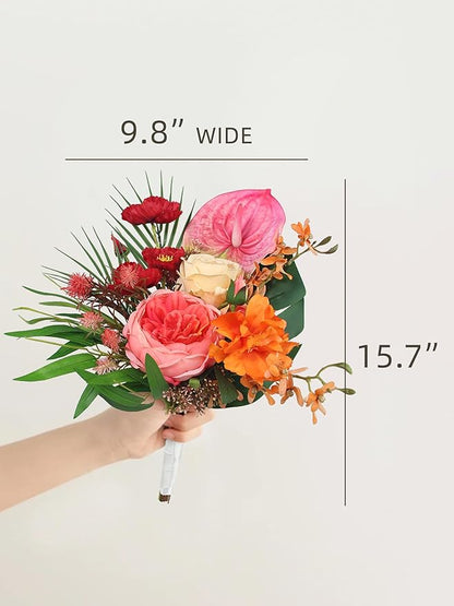 Rinlong 1Pc Tropical Flowers Wedding Bouquets for Bridesmaids Bride Orange Pink Bridesmaid Bridal Bouquet for Beach Wedding Prom