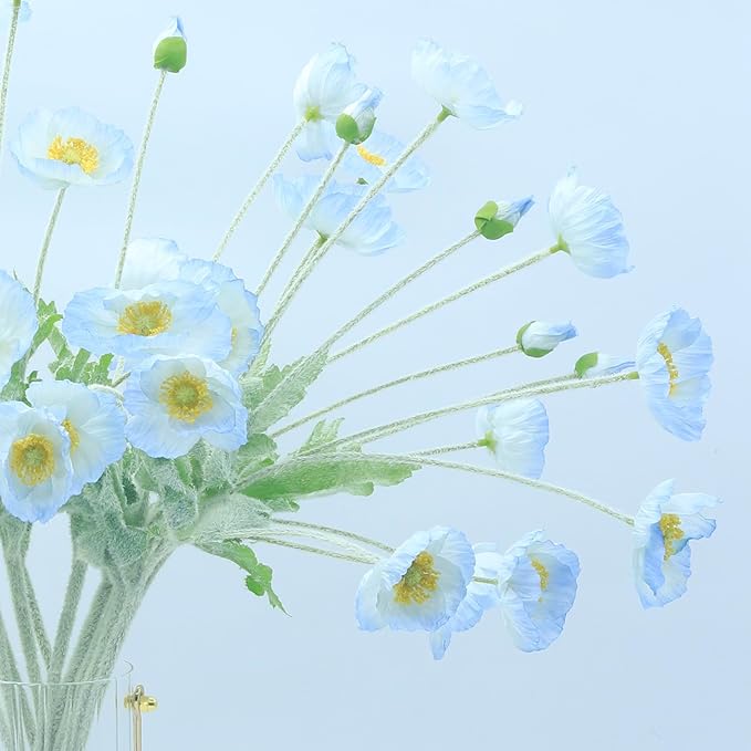 2 Pcs Artificial Fake Flowers Plants Poppies Silk Flower Arrangements Wedding Bouquets Decorations Plastic Floral Table Centerpieces for Home Kitchen Garden Party Decor Approx 23.6" High - Light Blue