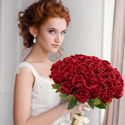 Red Roses Artificial Flowers Bulk, 52Pcs Fake Roses Flower Arrangement, DIY Silk Flowers Roses Bouquet, Realistic Faux Artificial Roses for Mother's Day Home Table Decor