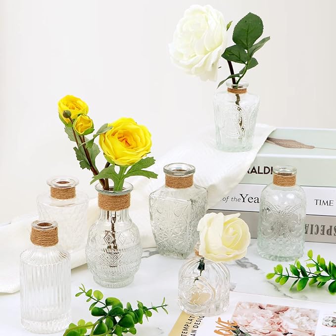 MDLUU Glass Bud Vases, Decorative Glass Bottles, Vintage Embossed Different Shapes for Wedding Centerpiece, Party, Home Decor, Set of 10 Clear