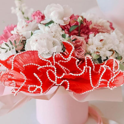 Cftone 4 Yards Pearl Edge Flower Wrapping Mesh Paper with 3/5 inch Organza Ribbon 50 Yard Gift Wrap Ribbon, Bouquet Transparent Mesh Wrapping Paper for Mother's Day Valentine's Day Wedding Graduation Birthday Gift (Red with 50 Yard Wine Red Ribbon)