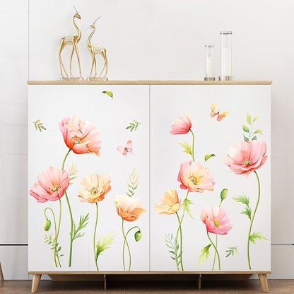 Large Pink Floral Wall Decals Poppy Flower Butterfly Wall Stickers Peel and Stick Autumn Floral Wall Art Decor for Living Room Bedroom Office TV Sofa Backdrop Home Decor Gifts for Mom