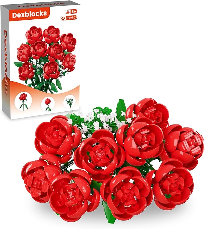 780 PCS Red Rose Building Flower Bouquet Kit for Adults & Kids, DIY Artificial Flowers Set for Home Decor, Desk Display, Gifts for Women, Girls (Rose)