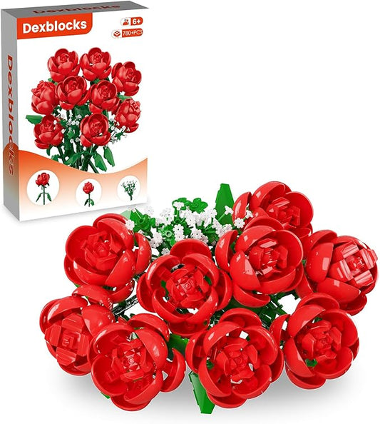 780 PCS Red Rose Building Flower Bouquet Kit for Adults & Kids, DIY Artificial Flowers Set for Home Decor, Desk Display, Gifts for Women, Girls (Rose)
