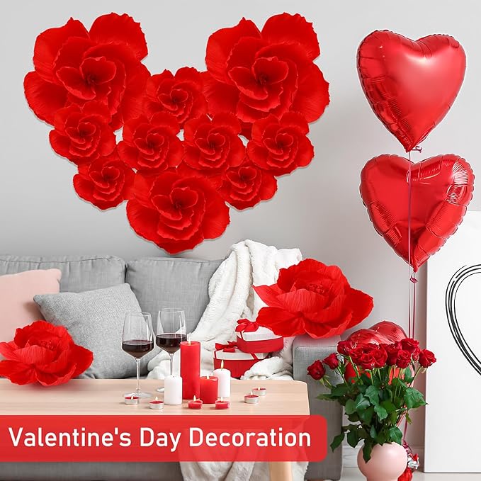 Giant Paper Flowers Artificial Large Paper Flower Decoration for Handcrafted Wall Backdrop Christmas Mexican Wedding Graduation Bridal Shower Birthday Party Supplies(Red,12 Pcs)