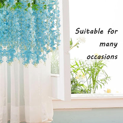 12 Pack Lake Blue Wisteria Hanging Flowers Garland with Lights, 3.44 Feet Artificial Flower Vines, Fake Wisteria, Artificial Vines Hanging Garland for Backdrop Outdoor Patio Garden Decor