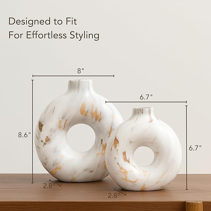 Modern Ceramic Donut Vase Set of 2 - Boho Design White and Gold Marble Pattern Vases for Flowers and Pampas - Elegant Home Decor Centerpieces for Coffee Tables - Entryways - Dining and Living Rooms
