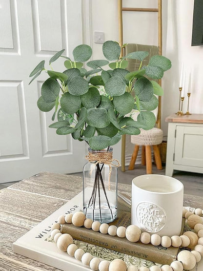 Artificial Eucalyptus Stems in Glass Vase 14" 6Pcs Faux Eucalyptus Branches Home Table Decor Fake Greenery Plants Stems for Farmhouse Wedding Centerpiece Bathroom Decorations