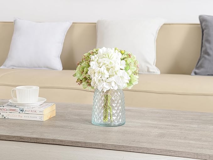 Wracra Hydrangeas Floral Arrangement in Glass Vase, Fake Flowers Silk Hydrangea Artificial Flowers with Vase for Home Office Decoration, Dining Table Centerpiece(Green)