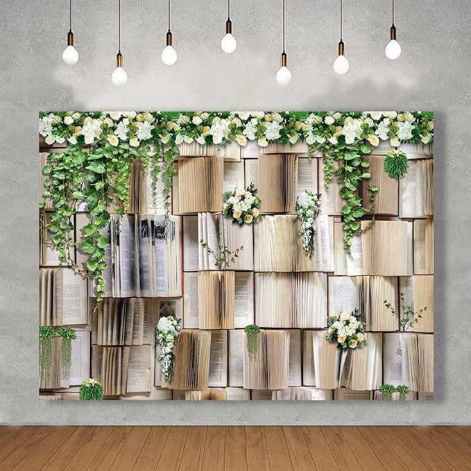 10x8ft Book Backdrop Flower Garlend Book Pages Wedding Party Photo Background Kids Birthday Party Woman Weeding Banner Baby Shower Photoshoot Booth Props KUBDJ734