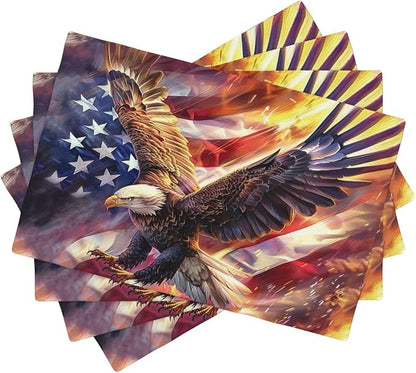 American Flag Placemats Set of 4 Washable Table Bald Eagle Heat-Resistant Cotton Linen Place Mats for Dining Table Kitchen Indoor Outdoor Party Holiday Decor