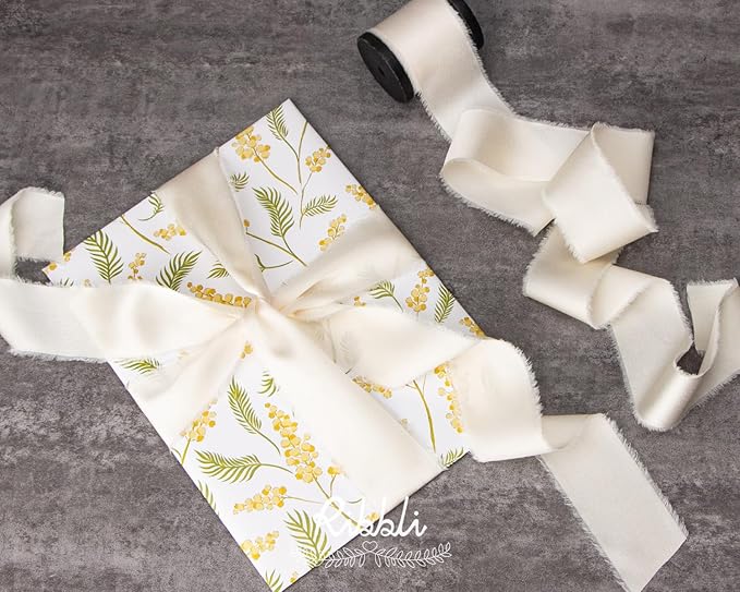 Ribbli Ivory Silk Satin Ribbon 1.5 Inch x 30 Yard Handmade Frayed Chiffon Cream Ribbon for Gift Wrapping Wedding Invitations Bridal Bouquets Home Decor