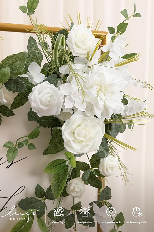Ling's moment Wedding Artificial Welcome Sign Flowers Swag Arch Floral Garland Decorations Lily White Ceremony Reception Entrance Entryway Party Banquets Easel Wall Home Outdoor(NOT Include Sign