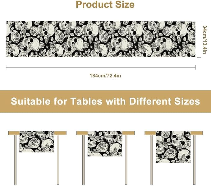 Gothic Table Runner,Black White Skeleton Flower Moth Print Table Runner for Home Kitchen Table Dining Garden Farmhouse Wedding Party Decor 13x120 Inch