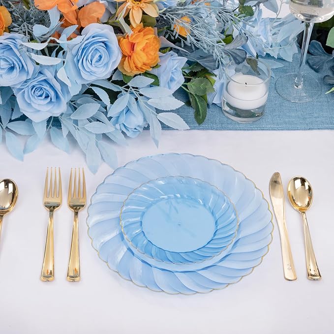 YOUBET 125PCS Clear Blue Gold Plastic Plates - Blue Disposable Plates With Gold Rim Include 25 Dinner Plates 25 Dessert Plates 75 Golden Silverwares for Wedding Birthday & Parties