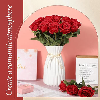 Hotop 40 Pcs Rose Artificial Flowers Bulk with Long Stem,Realistic Silk Fake Roses Bouquet for Home Wedding Centerpieces Party Table Decoration Valentines Gifts(Red)
