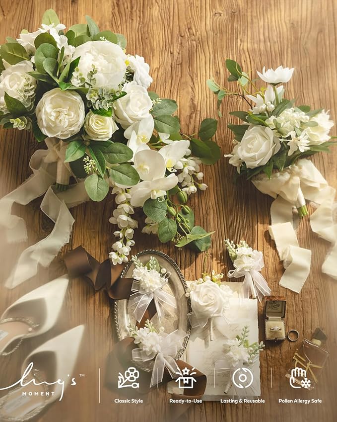 Ling's moment Boutonniere for Men, 6pcs Groom Groomsmen Boutonniere, Artificial Flowers for Wedding Decor/Prom/Homecoming, etc.Snow White