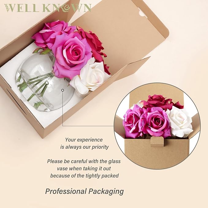 WELL KNOWN Artificial Flowers with Vase, Artificial Rose Flower Arrangements, Silk White & Pink Roses Bouquet in Glass Vase with Fake Water for Home Office Hotel Wedding Party Dinning Table Decor Gift