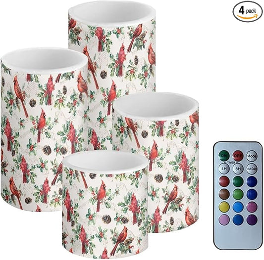 Christmas Cardinal Bird Flickering Flameless Candles with Battery Powered LED Candles with Remote Timer Color Changing Control 4 Pcs Set