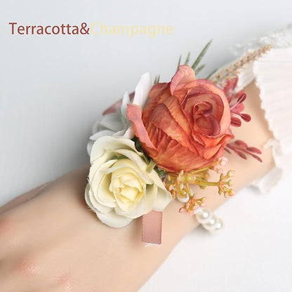 Corsage and Boutonniere Set Corsage Wistlet Terracotta Corsage Wrist Artificial Flower Perfert for Proms | Weddings for Bride,Bridesmaids, Groom,Groomsmen Decor (Terracotta)