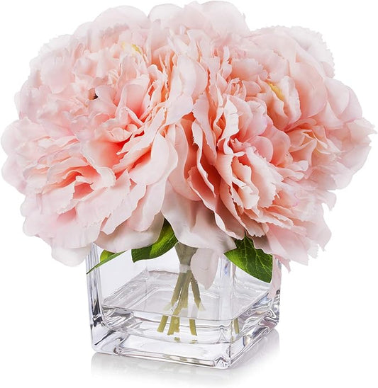 Enova Home Artificial Peony Flowers Arrangements in Cube Glass Vase with Faux Water for Home Table Wedding Centerpiece Decor (Pink)