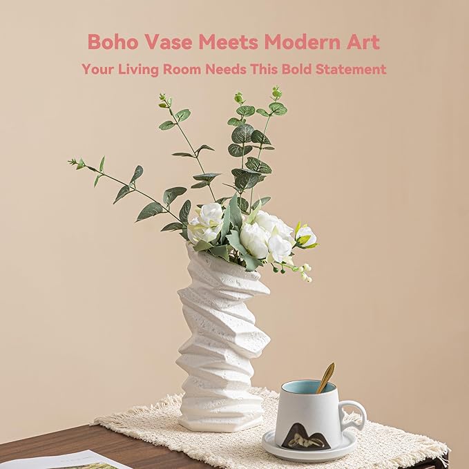 White Ceramic Vase with Spiral Wave Texture - 10" Unique Flower Vase for Pampas Grass & Centerpieces, Decorative Boho/Farmhouse Vase for Living Room, Office Desk & Housewarming Gift (for Her/Yourself)