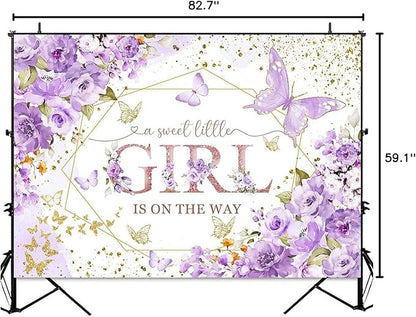 Sensfun Butterfly Baby Shower Backdrop A Sweet Little Girl is On The Way Photography Background Purple Butterfly Floral Princess Baby Shower Decorations Banner Party Supplies Photoshoot Props 7x5ft