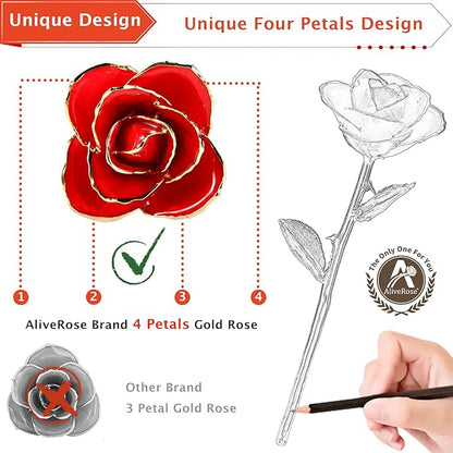AliveRose Valentines Day Gift Rose, Long Stem Rose Made from 24K Gold Dipped Real Rose Gift for her Rose(Red with Crystal Vase)
