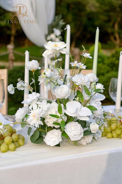 TINGE TIME Artificial Flowers Combo Mix Silk Flowers White Roses w/stem for DIY Wedding Bridal Bouquets Baby Shower Floral Arrangement Table Centerpieces Home Decorations (Ivory White)