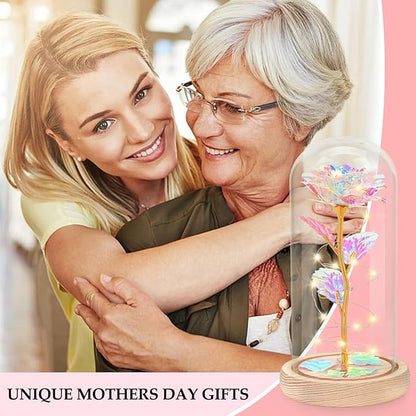 Mothers Day Flowers Gifts for Mom, Birthday Gifts for Women, Galaxy Glass Rose Gifts for Grandma Wife Daughter Artificial Forever Preserved Flowers for Delivery Prime Rose in Glass Dome, Rainbow