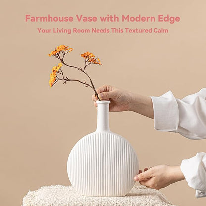 White Ceramic Vase with Vertical Fluted Texture - 9.8" Unique Flower Vase for Pampas Grass & Centerpieces, Decorative Boho/Farmhouse Vase for Living Room, Office Desk & Gift for Her/Yourself