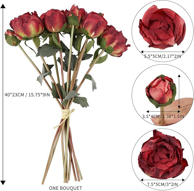 Peonies Artificial Flowers 2 Bouquets, Vintage Peonies 18pcs Silk Peonies with Stems Real Look Red Fake Peonies Flowers Artificial for Decoration for Wedding Bouquet (Red)