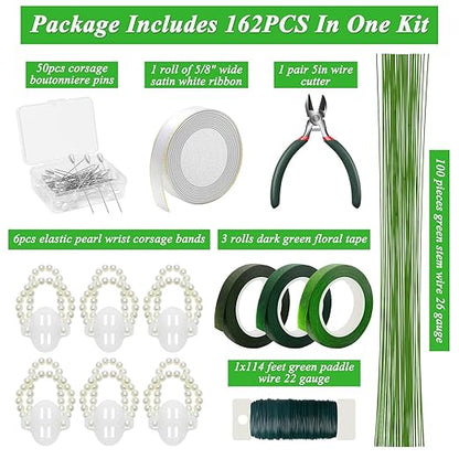 Bouquets Floral Wire Arrangement Tool Kit, COITEK DIY Bouquet Making Tools with 3P Floral Tape, 6P Elastic Pearl Wrist, Floral Wire,Flower Pin, Cutter, Ribbon for Wrist Corsages Wedding Decor