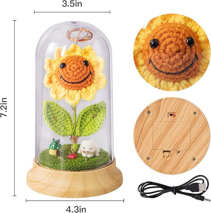 Eternal Sunflower Gifts for Women, Crochet Artificial Sun Flower Decor in Plastic Dome with Led, for Her Mom Mothers Day Birthday Anniversary Christmas Valentine Gifts (Yellow)